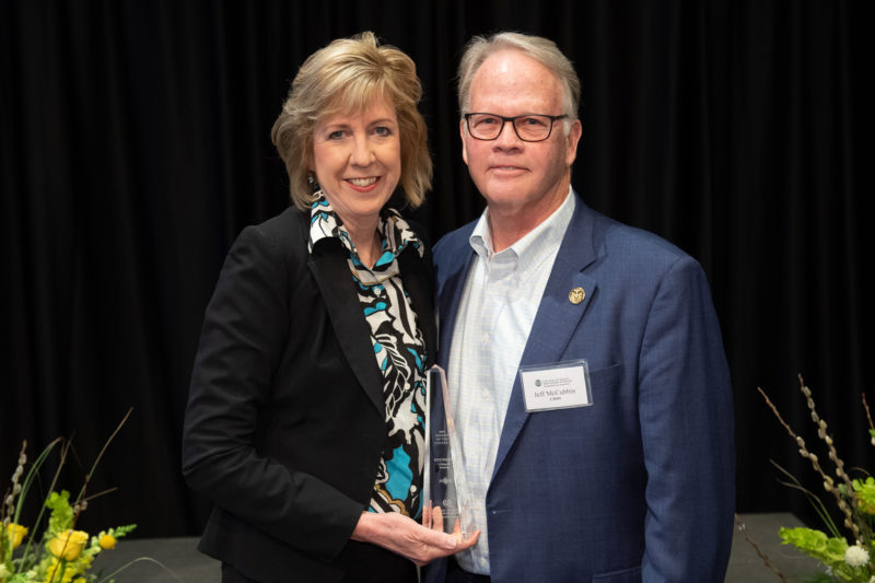 Beth Walker, Dean of the College of Business, is presented with a Friend of the College award at the College of Health and Human Sciences 2019 All-College Awards Ceremony.
