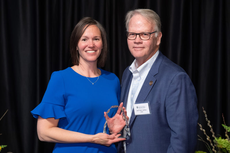 Christine Fruhauf, Human Development and Family Studies, is presented with the Outstanding Engagement award at the College of Health and Human Sciences 2019 All-College Awards Ceremony.