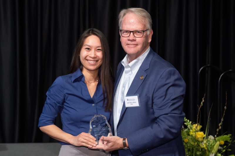 Gloria Luong, Human Development and Family Studies, is presented with the Tenure Track Faculty Scholarly Excellence award at the College of Health and Human Sciences 2019 All-College Awards Ceremony.