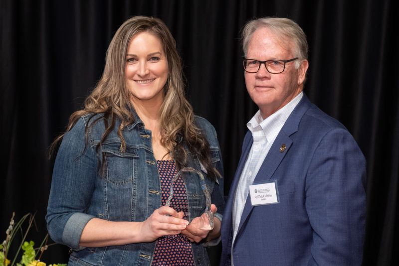 Meliossa George, Human Development and Family Studies, is presented with the Non-Tenure Track Faculty Scholarly Excellence award at the College of Health and Human Sciences 2019 All-College Awards Ceremony.
