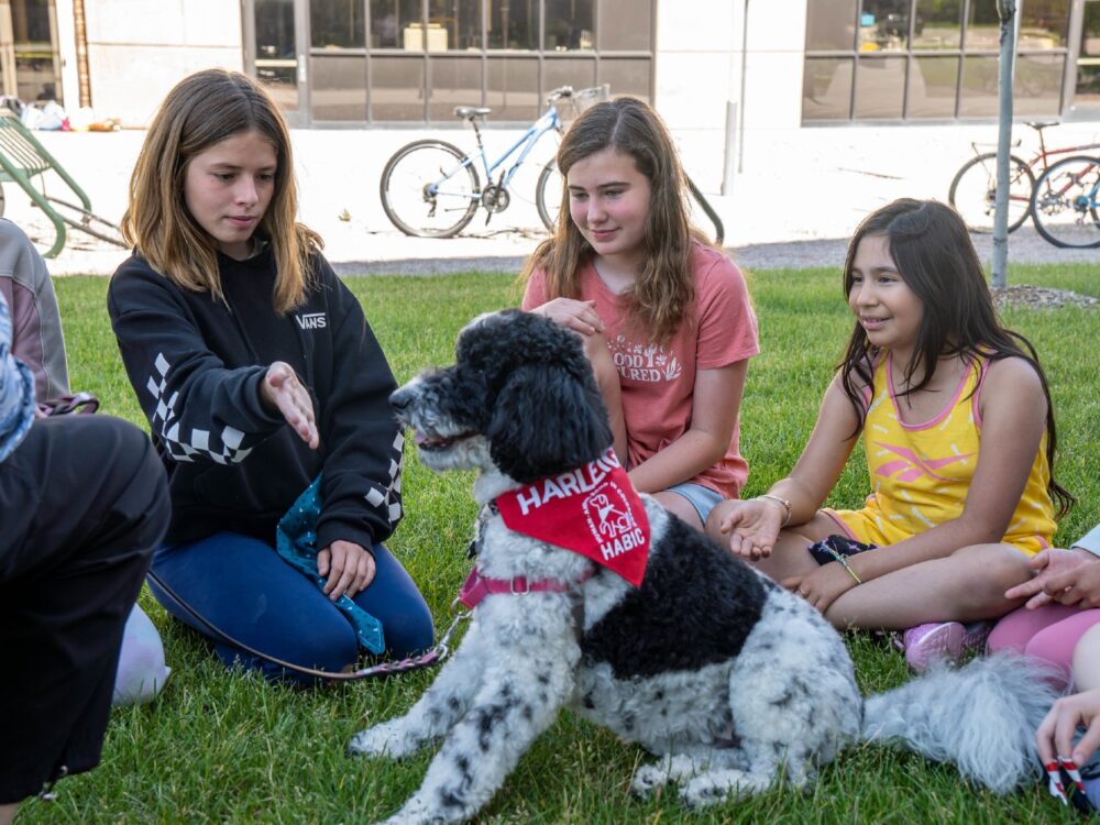 Three girls sitting on the ground outdoors interact with a dog wearing a red bandana