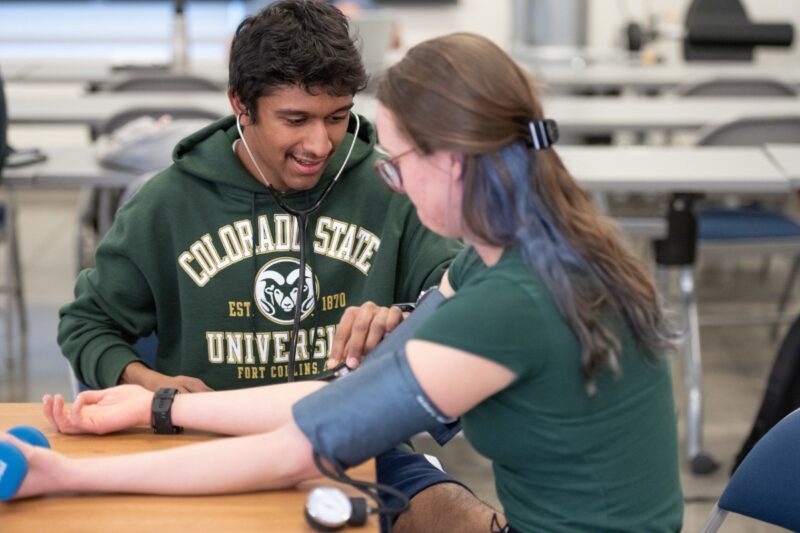 A student wearing a CSU sweatshirt sits at a table taking a person's blood pressure